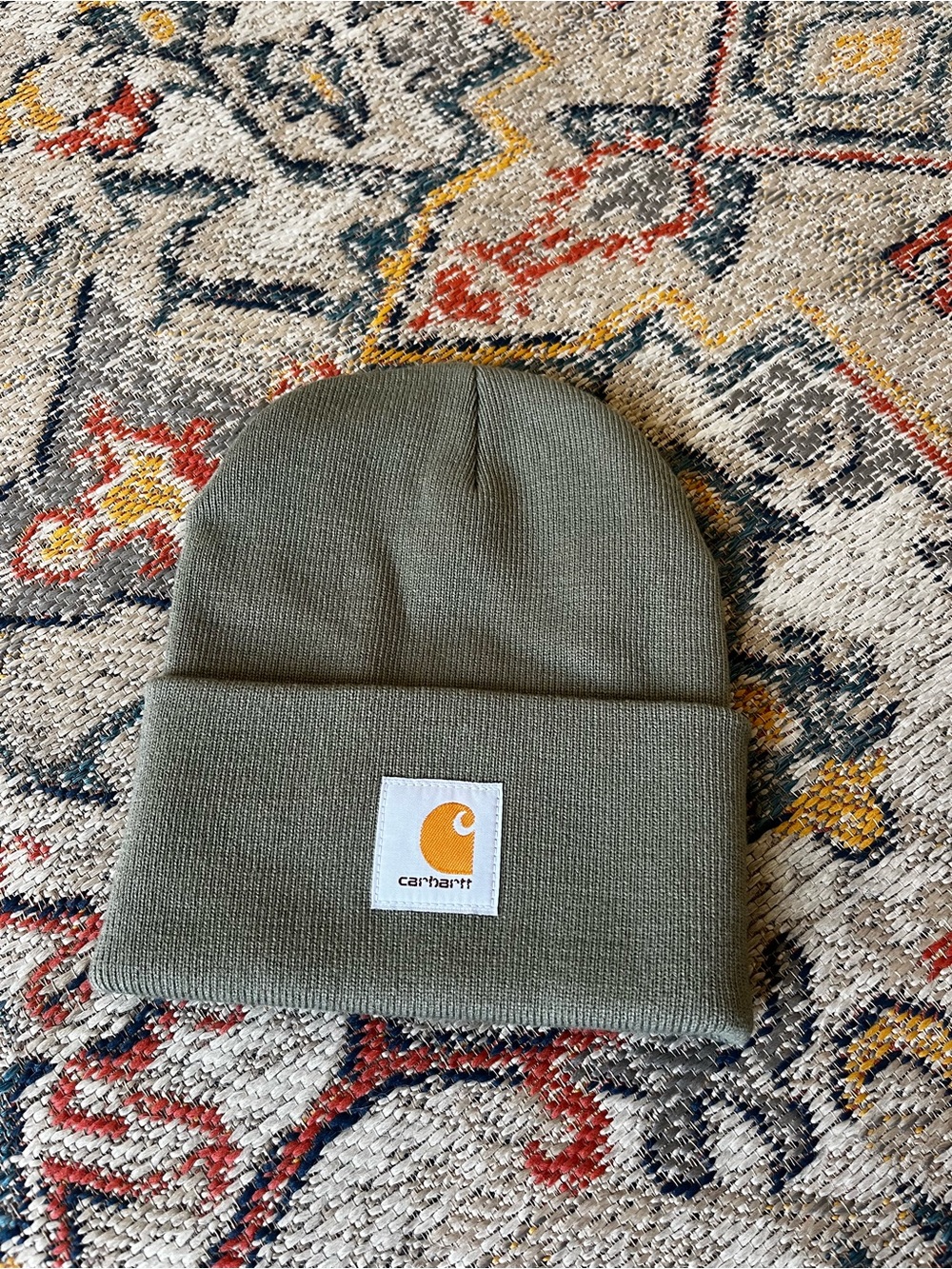 Carhartt Olive Cuffed Knit Beanie with Logo Patch